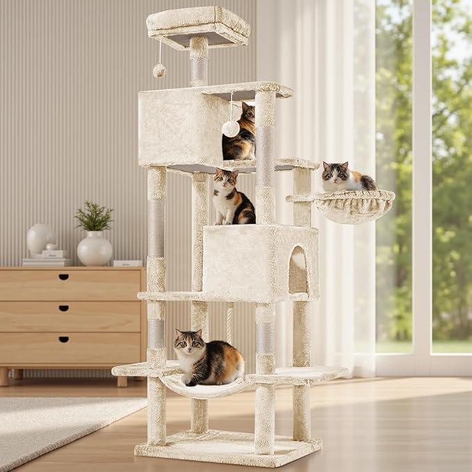 Large 66 Inch Cat Tree Tower for Indoor Catss, Beige | Multi-Level Tall Cat Tree Tower with Condo, Perches, Sisal Scratching Posts and Hammock, Pet Play House with Dangling Balls