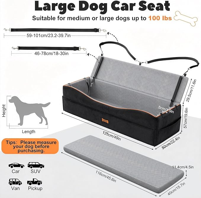 VavoPaw Car Seat for Large Dog for 2 Medium or 3 Small Dogs Under 100Lbs | Dog Booster Seats ,Pet Car Seats with 2 Safety Leashes, Dogs Sofa Bed Cushion Add Thick Sponge, Pet Cars Carrier for Travel
