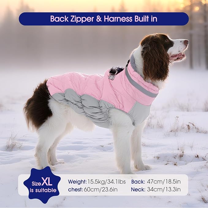 FUAMEY Dog Cold Weather Coats Reflective Dog Warm Jacket with Harness | Fleece Winter Coat for Large Dogs Snow Puffer Vests with Zipper Reflective Turtleneck Jackets for Winter Pink XXXL