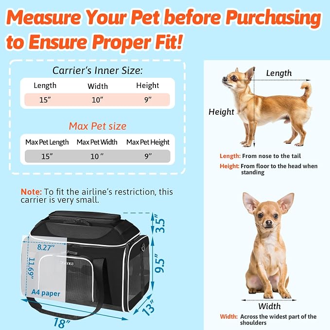 Petskd Top-Expandable Small Pet Carrier 18"x13"x9.5" Airline Approved | for Southwest Airlines, Lockable Safety Zippers and Anti-Scratch Mesh, Soft-Sided, Pets Under 10 Lbs, Black