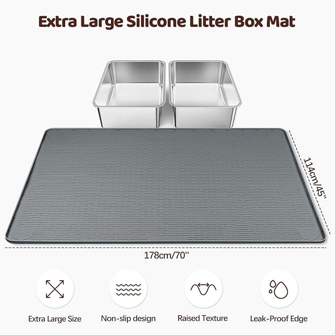 Silicone Cat Litter Mat for Litter Box 70”x45” Large Cat Mat, Dark Grey | Waterproof, Non-Slip, Leak-Proof Rug Mat with Lip, Easy to Clean, Extra Large Litter Catcher Mat for Floor