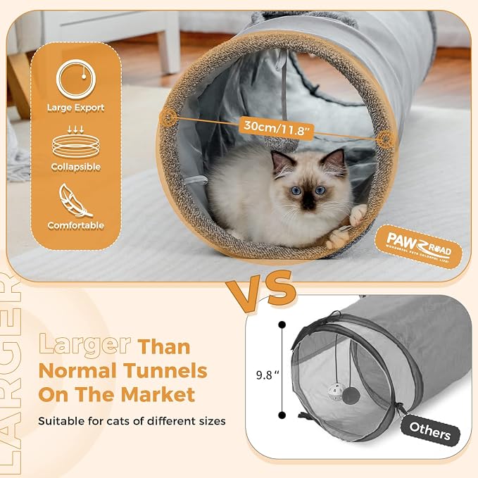 PAWZ Road Cat Tunnel 51 Inches Long Cat Toys Collapsible Tunnel 12”Diameter | Large Cats Tube for Big Cats,Rabbits and Puppy Extra Long Cat Play Tunnel Straight with 2 Peepholes for Indoor&Adult Cats