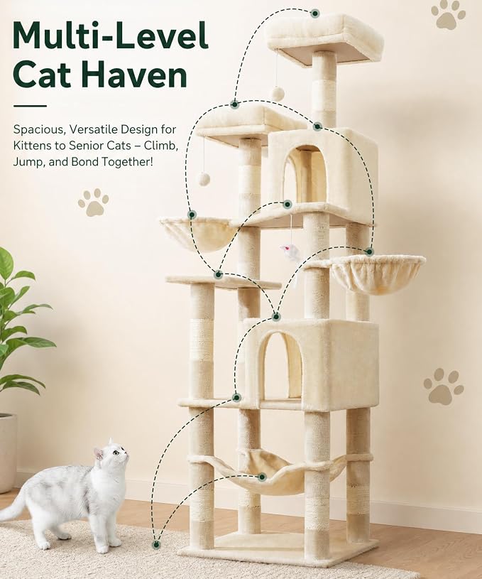 AMHANCIBLE 70 Inch Cat Tree for Large Cats, Multi-Level Cat Tower | Cat Houses & Tree Tower with 2 Condos, 8 Sisal Posts & Hammock for Indoor Cats Large Adult, Beige