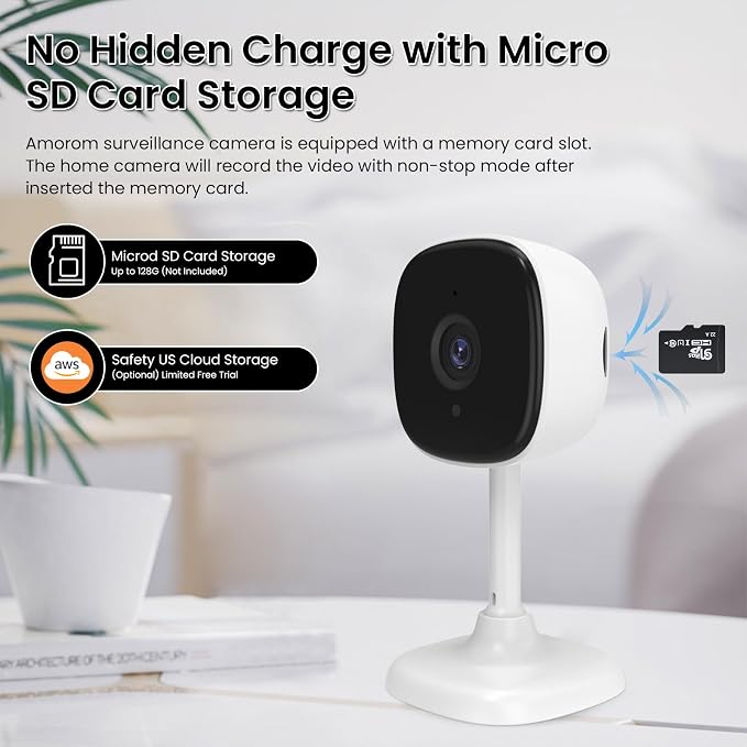 AMOROM Indoor Security Camera, Baby/Kids/Elderly/Dog/Cat Camera | AI Smart Detection & Alarm, 2-Way Audio, Night Vision, 2.4G WiFi App Control, Cloud & SD Card Storage, 1 Pack