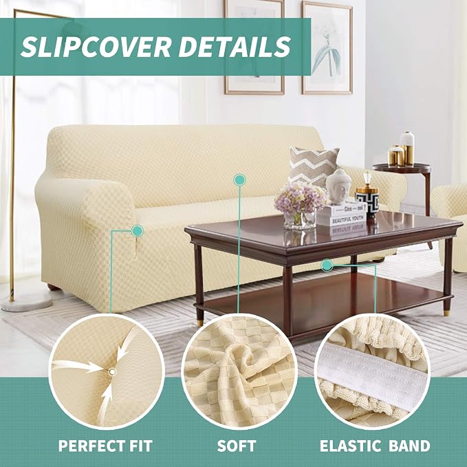 YEMYHOM Couch Cover Latest Jacquard Design High Stretch Sofa Covers for 2 Cushion Couch, Pet Dog Cat Proof Loveseat Slipcover Non Slip Magic Elastic Furniture Protector (Medium, Beige)