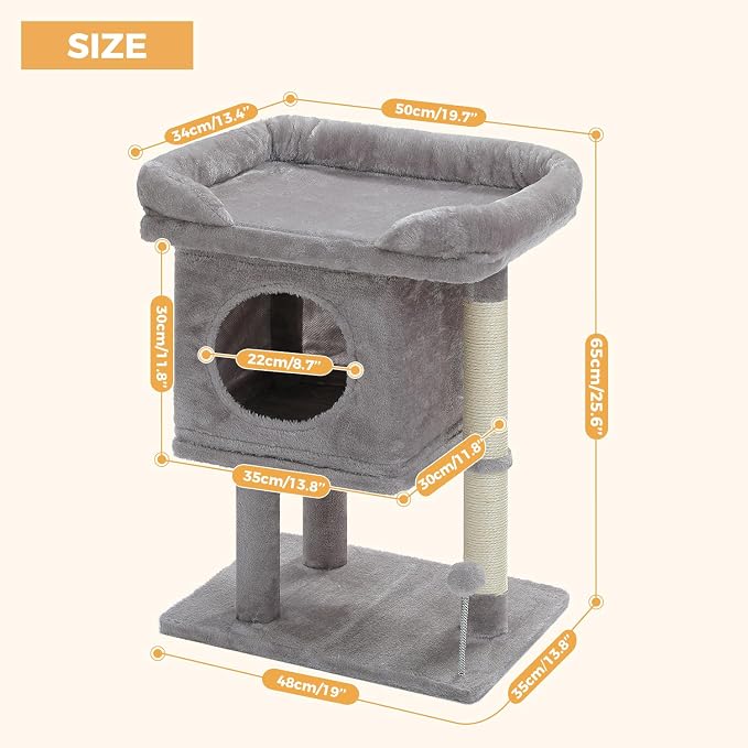 PAWZ Road 26" Cat Tree for Indoor Cats, Small Tower with 19X13”Bed | Cozy Cat Condo with Tall Sisal Posts & Spring Ball, Raised Edge Bed Keeps Cats Secure Compact for Corners or by Window