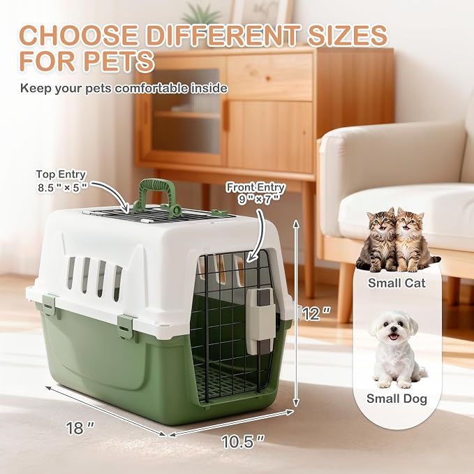 18-Inch 2-Door Top Loading Cat Carrier, Plastic Dog Crate Hard-Sided Dog Travel Carrier for Small Dogs and Cats, Ventilation and Security Lock Design for Pets up to 10 lbs (Green)