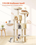 Taoqimiao Cat Tree, 66.2 in Tall Cat Tower with 2 Plush Cat Condos | 7 Scratching Posts, 2 Top Perches, Cozy Hammock & Basket, Indoor Cats, 2 Pompoms & Mouse Toy, Beige, MS013M
