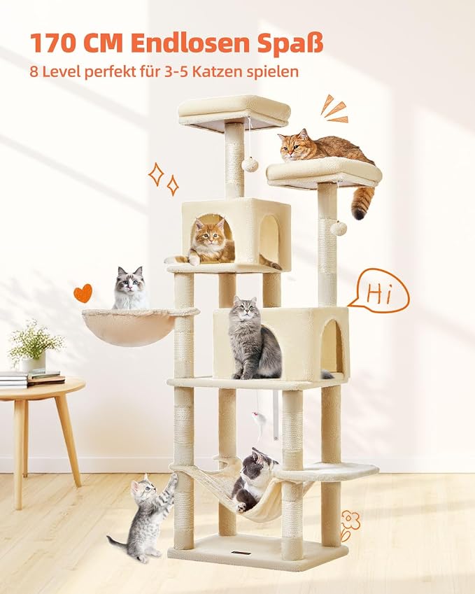 Taoqimiao Cat Tree, 66.2 in Tall Cat Tower with 2 Plush Cat Condos | 7 Scratching Posts, 2 Top Perches, Cozy Hammock & Basket, Indoor Cats, 2 Pompoms & Mouse Toy, Beige, MS013M