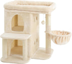 Heybly 26.3" Cat Tree for Large Cats with Big Perch & Dual Condos HCT204SM | 26.3-inch Spacious Cat Tower with Scratching Posts, Stair-Style Cat House Furniture with Cozy Basket & Pompom, Beige