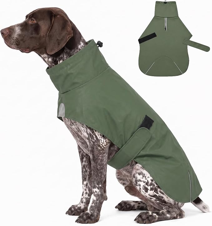 PU Dog Raincoat, Non-Toxic & Odorless Waterproof Vest, Adjustable High Neck and Hook & Loop Belly Closure for Rainy Potty Breaks & Wet Weather Outdoor Walks (Olive Green, XX-Large)