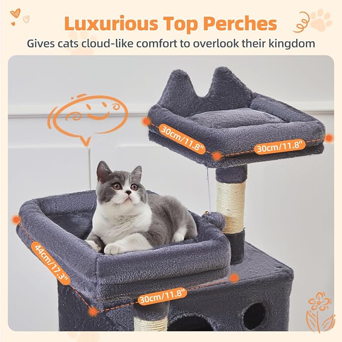 Taoqimiao Sturdy Cat Tree, 58In Cat Tower for Indoor Cats Large Adult | Spacious Cat Condo, 2 Cute Perches, Metal Frame Hammock, 1 Scratch Board, 8 Natural Sisal Posts, Basket, Smoky Gray, MS026G