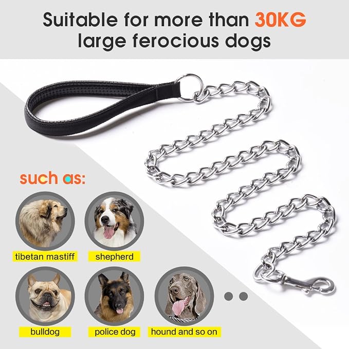 Premium Chain Heavy Duty Dog Leash, 4 ft. x 5.0 mm | Padded Handle for Large & Medium Size Dogs