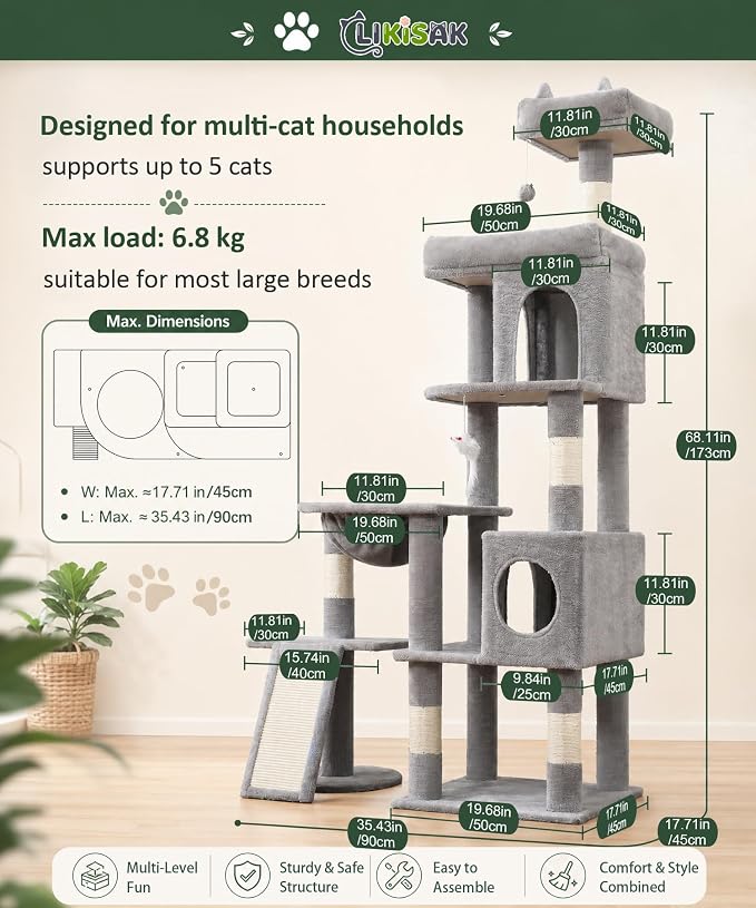 68 Inches Heavy Duty Cat Tree for Indoor Cat, Big Cat Tower | Cat Houses & Tree Tower with 2 Condos, Sisal Scratching Posts & Large Platform for Indoor Cats Large Adult, Grey
