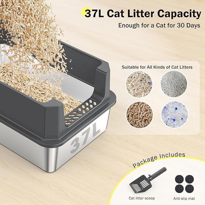 Stainless Steel Litter Box, Extra Large Litter Boxes for Big Cats, XLarge Metal Cat Litter Box with Lid, Anti-Urine Leakage XL Box with High Sides, Easy Clean, Non-Sticky, Scoop Included