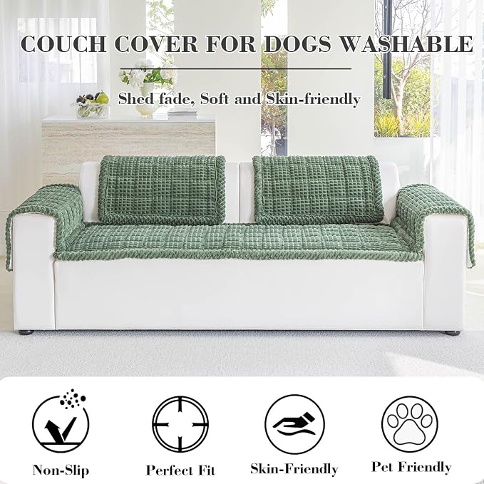 Couch Cover for Dogs Washable, Non Slip Couch Covers for 3 Cushion Sofa Pet Friendly, Fuzzy Pet Couch Cushion Covers for Dog, Thick, Soft for Sofa Protector (Green, 27.6" x 70.9"/70 x 180cm)
