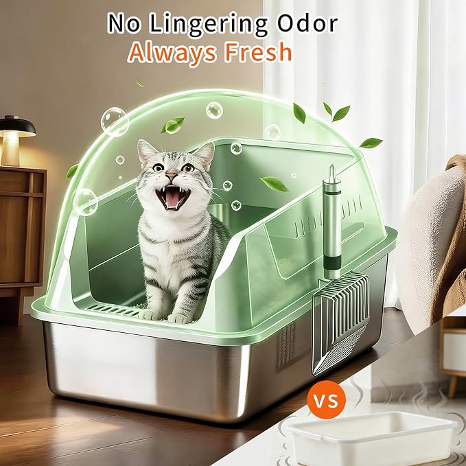 XL Enclosed Stainless Steel Cat Litter Box with Lid, Extra Large Metal Litter Box for Big Cats,High-Sided Anti-Urine Leakage, Odor-Free Non-Stick, Easy to Clean, Includes Metal Scoop