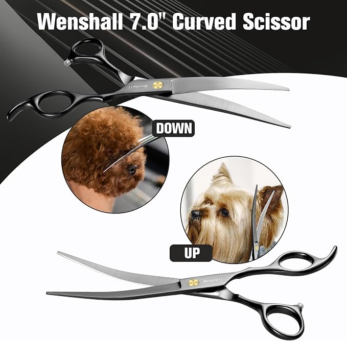 Wenshall Professional Dog Grooming Scissors Set, 7.0 Inch Titanium Straight & Thinning & Curved scissors and Comb for Dog grooming (Black)