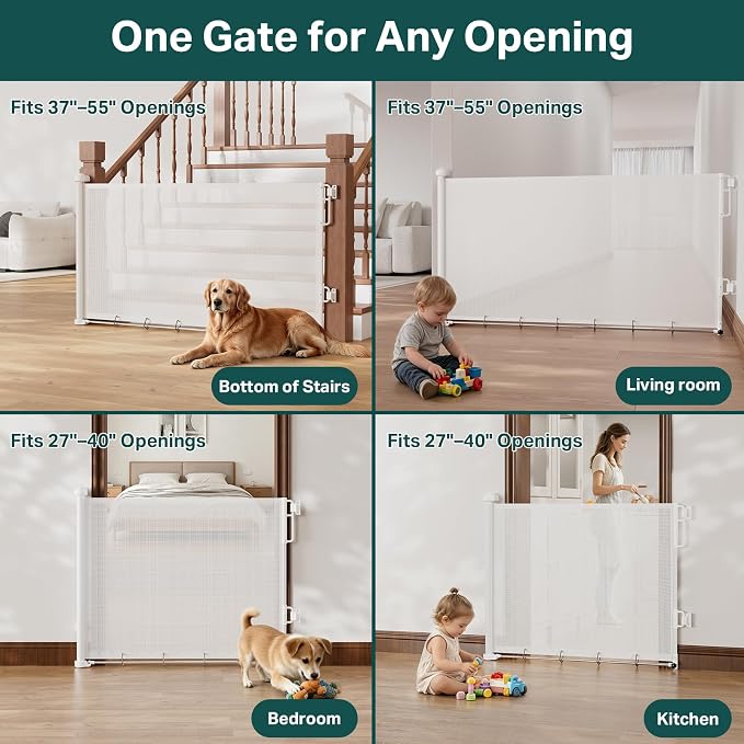 Cumbor 37-55" Retractable Baby Gates for Stairs & Doorways, Indoor Outdoor | Hardware Mounted Mesh Dog & Pet Gate, Easy Walk Through, One-Hand Operation, Anti-Crawl Adjustable Safety Gate for Dog, White