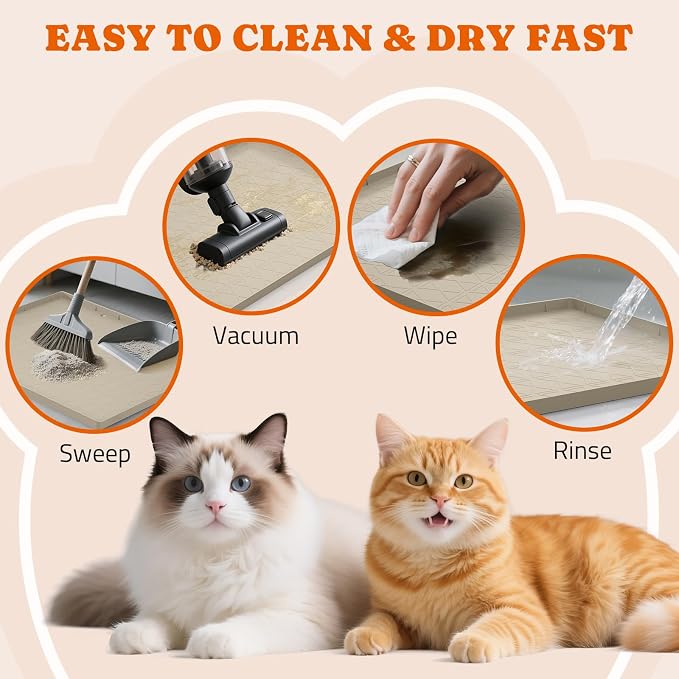 Pawtners Silicone Cat Litter Mat 34 x 22 in, Easy to Clean, Beige, 1 Pack | Non-Slip Kitty Litter Mat for Floor, Waterproof & Urine-Proof Cat Litter Mat Litter Trapping Mat, Soft on Kitty Paws