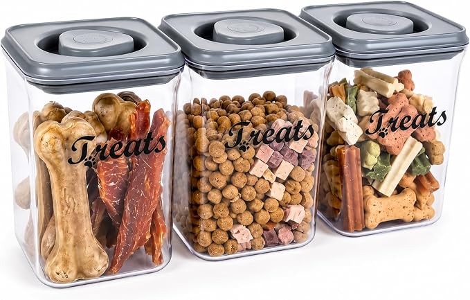 1.37 Qt Pet Food Storage Containers, Airtight Dog Food Storage Container with One-Touch Opening, Dog Treat Container with a Stickers & Pen,Suitable for Pet,Bird Seeds,Dog & Cat Treats(Gray)