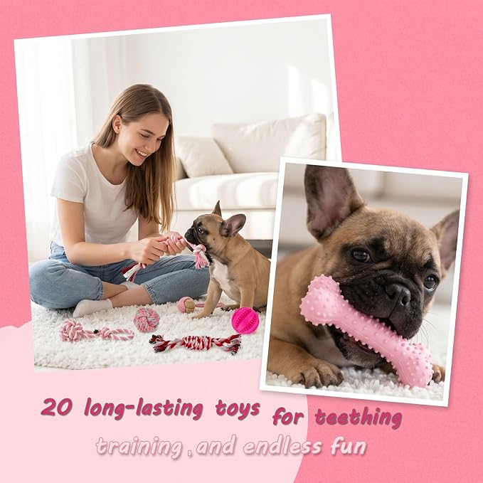 20 Pack Puppy Teething Chew Toys for Small Dogs, Bulk Dog Toys for Puppies | Pink Rubber Rings, Ropes & Balls, Puppy Teething & Dental Care, Relieves Puppy Boredom, Stops Destructive Chewing