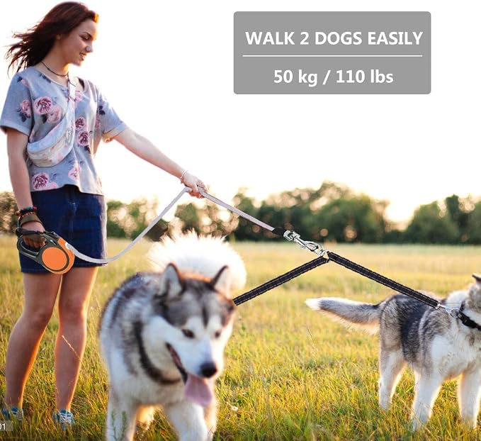 Dual Retractable Dog Leash Small Breed (Up to 110 Lbs Each) - Double Headed 16 ft Extendable Pet Leash with Poop Bags, Reflective Elastic Rope - One Key Control, 360° Tangle-Free (Orange, Large)