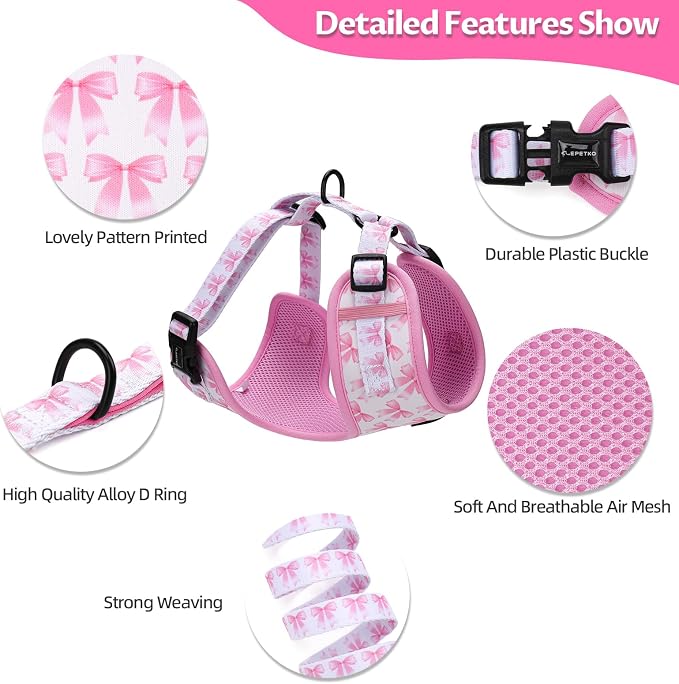 Small Dog Harness and Leash Set of 6, No Pull Soft Lightweight Mesh Puppy Harness, Adjustable Cute Floral Pattern Pet Harness for Small Medium Dogs (Pink Bow, XS)