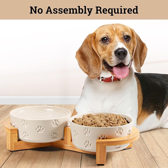 Ceramic Dog Bowl Set of 2, Anti-Skid Bamboo Stand, Elevated, 3.8 Cups Each | Thick Ceramic Food and Water Bowls Set of 2, Dishwasher Safe, Anti-Skid Rubber Base, 3.8 Cups per Bowl, Sturdy Bamboo Stand