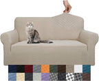 YEMYHOM Couch Cover Latest Jacquard Design High Stretch Sofa Covers for 2 Cushion Couch, Pet Dog Cat Proof Loveseat Slipcover Non Slip Magic Elastic Furniture Protector (Medium, Khaki)