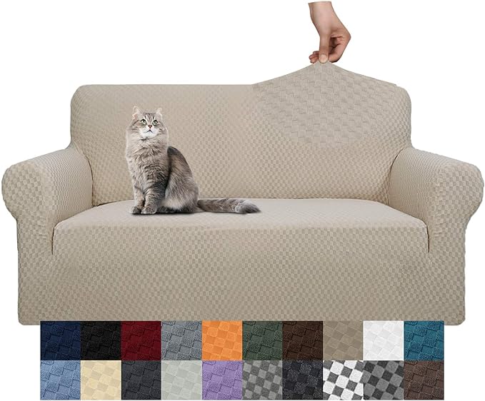 YEMYHOM Couch Cover Latest Jacquard Design High Stretch Sofa Covers for 2 Cushion Couch, Pet Dog Cat Proof Loveseat Slipcover Non Slip Magic Elastic Furniture Protector (Medium, Khaki)