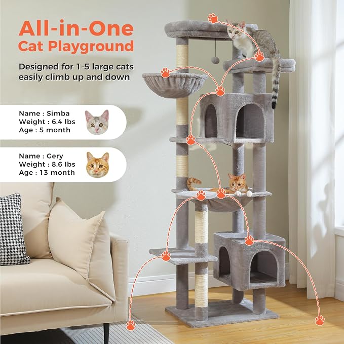 69" Tall Cat Tree for Indoor Cats Large Adult, Multi-Level Cat Tower | Multi-Level Cat Tree with Scratching Posts, Soft Padded Perch, 2 Dangling Toys