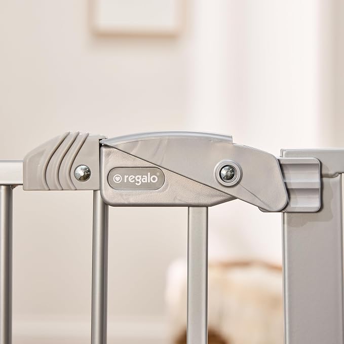 Regalo Safety 36" Extra Tall Baby Gate, Bottom of Stairs & Doorways | Fits Openings 29"-36.5" Wide, Pressure Mounted with Door, For Babies, Toddlers & Pets, Platinum