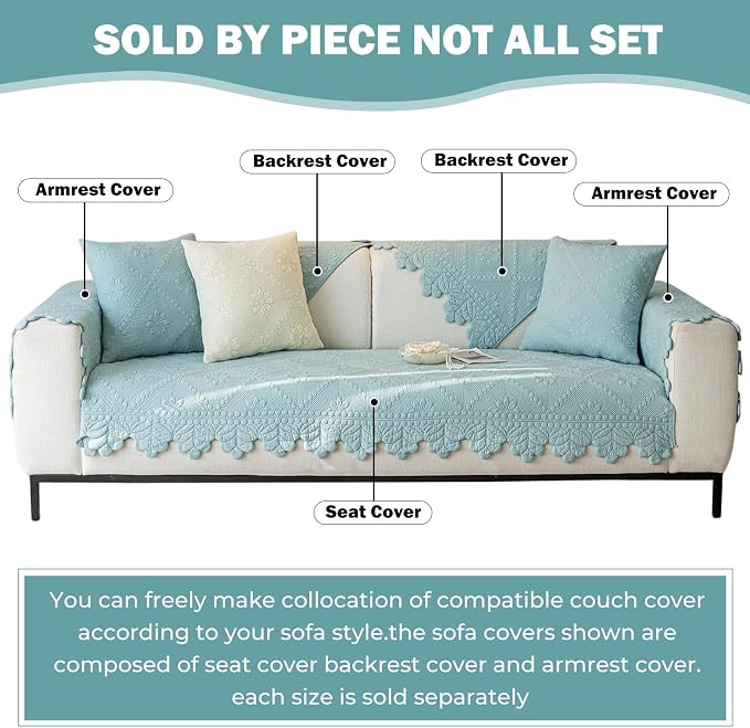 Cotton Quilted Dog Couch Cover for Sofa Farmhouse Rustic Embroidery Sectional Couch Cover Soft Anti-Slip Sofa Slipcover Furniture Protector for Kids, Pets (Blue,43"x82")