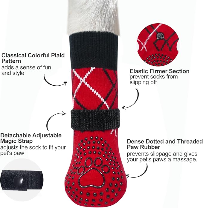 BEAUTYZOO 6PCS Dog Socks to Prevent Licking Paws, Anti Slip Dog Shoes for Hot Pavement Hardwood Floors, Traction Control Toe Grips Boots & Paw Protectors for Small Medium Large Senior Dogs, Red SM