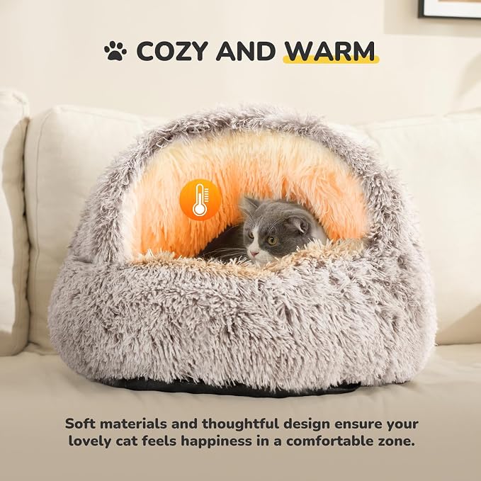 CATISM Cat Bed, Cat Beds for Indoor Cats Covered Hooded | Warm Soft Plush Comfortable Removable Washable Non-Slip Bottom
