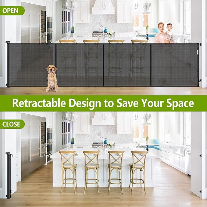 Reinforced 42" Tall 155" Wide Retractable Fence Outdoor Retractable Gate | Tall Baby Gate Garage Gates for Dogs, Space-Saving, Easy to Use, Scratch-Resistant Mesh, Safety Lock, Easy Install, Black