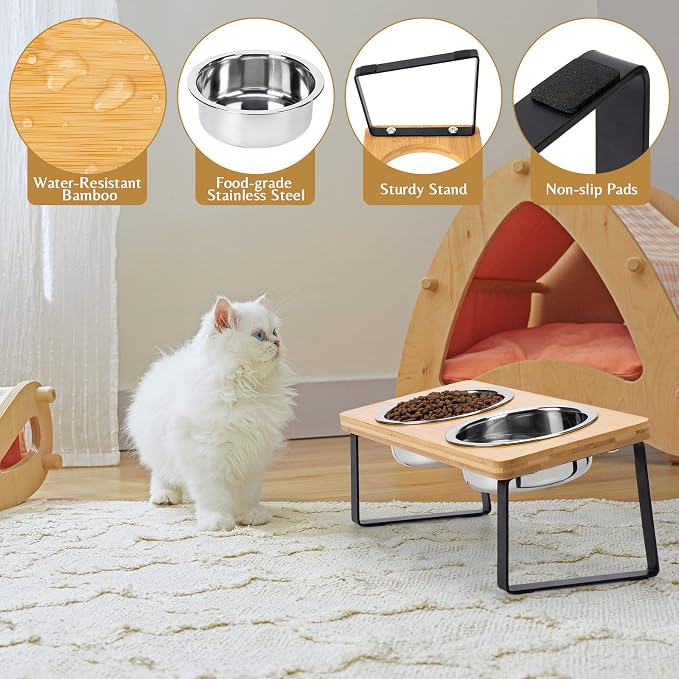 Elevated Cat Food Bowl for Indoor Cats, Raised Water Bowl Set for Kitten | Whisker Friendly, Anti Vomit, Easy Assembly, Bamboo, Dishwasher Safe, Stainless Steel, Pet Dish, Feeding Station for Puppy