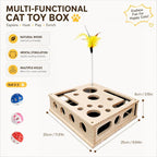 3-in-1 Cat Amazing Puzzle Box, Interactive Foraging Hunt & Cat Nail File Device with 1 Feather Wand & 3 Bell Balls, Wooden Enrichment System for Indoor Cats to Scratch, Play & Exercise