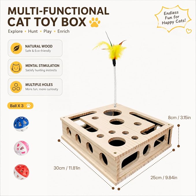 3-in-1 Cat Amazing Puzzle Box, Interactive Foraging Hunt & Cat Nail File Device with 1 Feather Wand & 3 Bell Balls, Wooden Enrichment System for Indoor Cats to Scratch, Play & Exercise