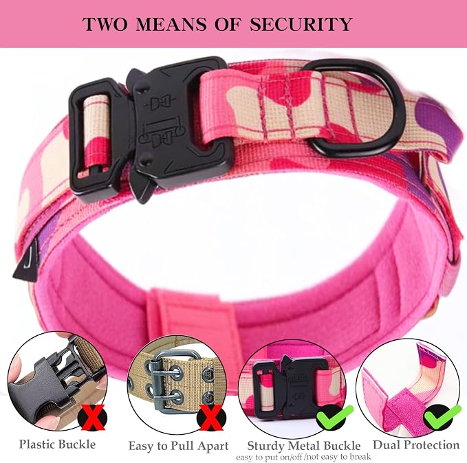 Tactical Dog Collar Adjustable Military Nylon Dog Collar with Control Handle and Heavy Duty Metal Buckle for Medium and Large Dogs (Pink Camo,L) | 1000D Heavy-Duty Nylon Fabric,Quick-Release Metal Buckle,Adjustable Fit,Soft-Padded Webbing,D-Ring,for Tr...