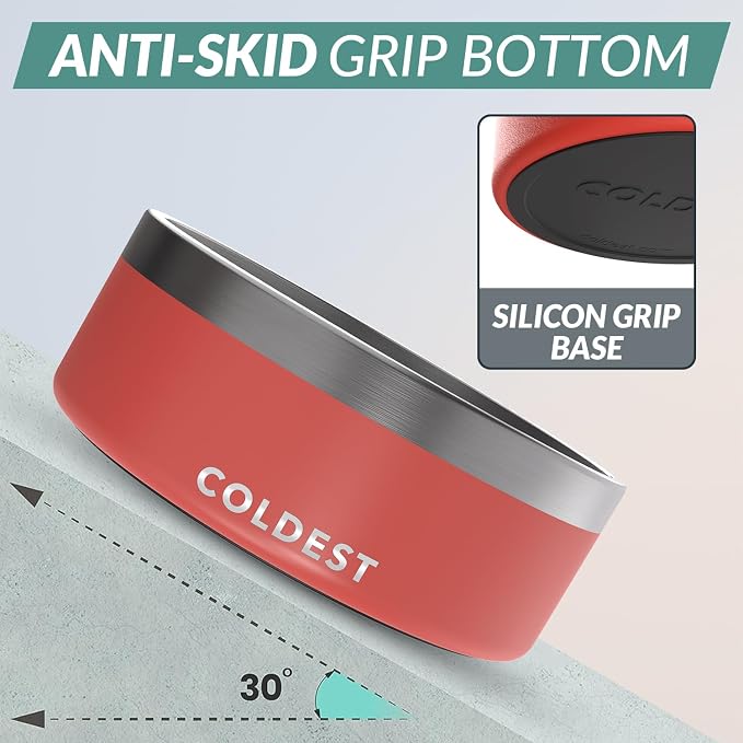 Coldest Dog Bowl - Anti Rust Metal, Non Slip, 3 Layers Insulated Stainless Steel Dog Bowls - Spill Proof & Heavy Duty - Water Bowl for Dogs, Cats & Pets, Dish Washer Safe (64 oz, Crimson Red)