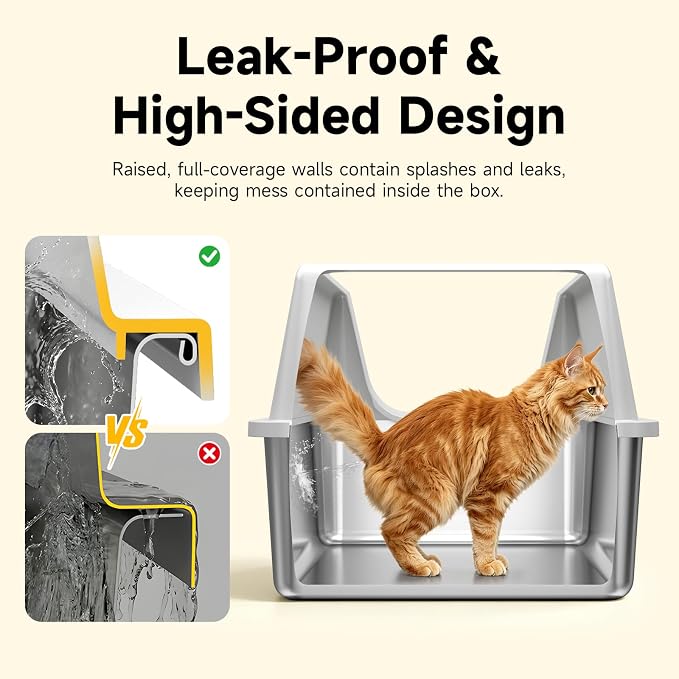 XL Stainless Steel Litter Box with High Sides for Large Cats | Extra Large Tall Wall Open Top Deep Metal Pan, Anti-Leak Non-Stick Odor Control