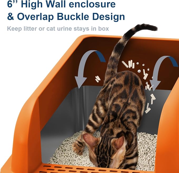 Suzzipaws XL Enclosed Stainless Steel Cat Litter Box for Big Cats | High-Side Anti-Leakage Stainless Steel Litter Box, Non-Sticky, Easy-Clean, Less Tracking for Multi-Cat Homes, Orange
