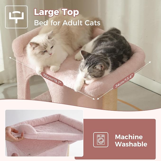 Cute Cat Tree 28” Pink Cat Tower with Top Large Bed 20x13” | Compact Cat Trees with Sisal Sratchign Post, Ramp, Self-Groomer, Cat Condo & Toy Ball Fit Small Space for Indoor Adult Cats