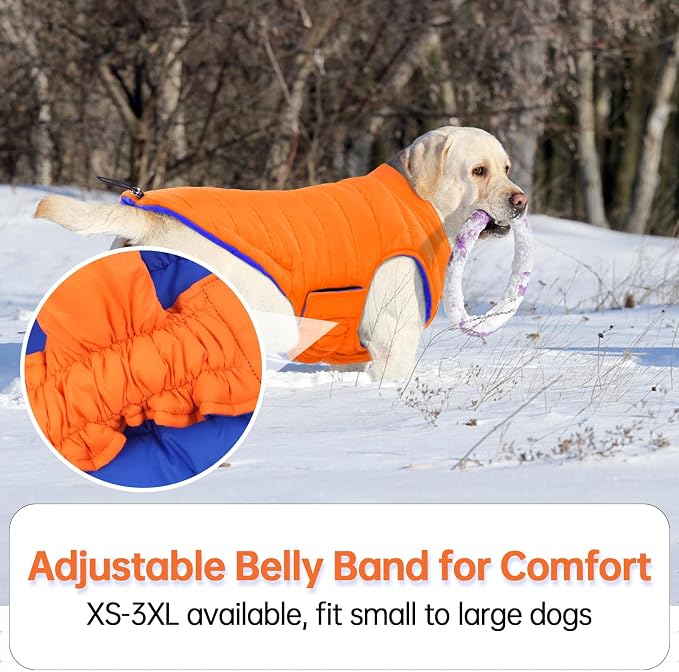 Lelepet Reversible Dog Coat Windproof Dog Puffer Jacket Lightweight Vest | Soft Puffer Vest Warm Winter Coats for Medium Dogs Adjustbale Hook & Loop Pet Apparel with Leash Hole, Pug, Orange, M