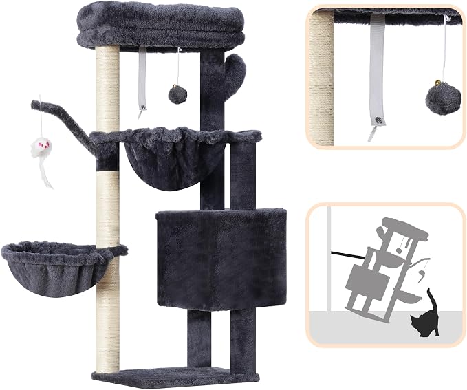 Heybly Cat Tree, 40" Tower with All-Sisal Wrapped Scratching Post HCT006SG | Cat Tower for Indoor Cats, Cat Condo with Soft Platform, 2 Baskets and Dangling Toy, Smoky Gray