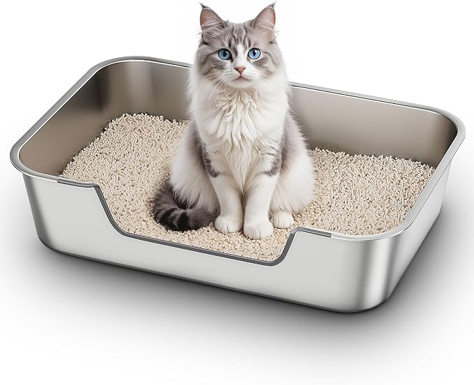 Qiuma XL Stainless Steel Cat Litter Box, Low Entry, 27.5 x 19.6 x 7.8in | 3.15in Low Entry for Kittens, Senior and Injured Cats; Premium Stainless Steel, Odor-Free, Non-Stick and Easy to Clean