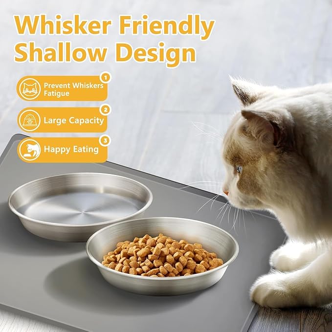 6-Pack 304 Stainless Steel Cat Food Bowls, Non-Slip Basic Dishes | Shallow Whisker-Friendly Silicone Water Metal Bowls, Easy to Clean Indoor Flat Plates for Cat, Kitten, Small Dog (5.9")