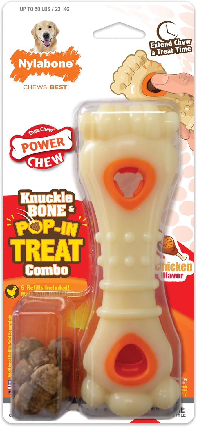 Nylabone Power Chew Knuckle Bone & Pop-In Dog Treat Toy, Large | Chicken flavor, includes 6 natural treats, dog enrichment, interactive dog toys to keep them busy, for dogs up to 50 lbs
